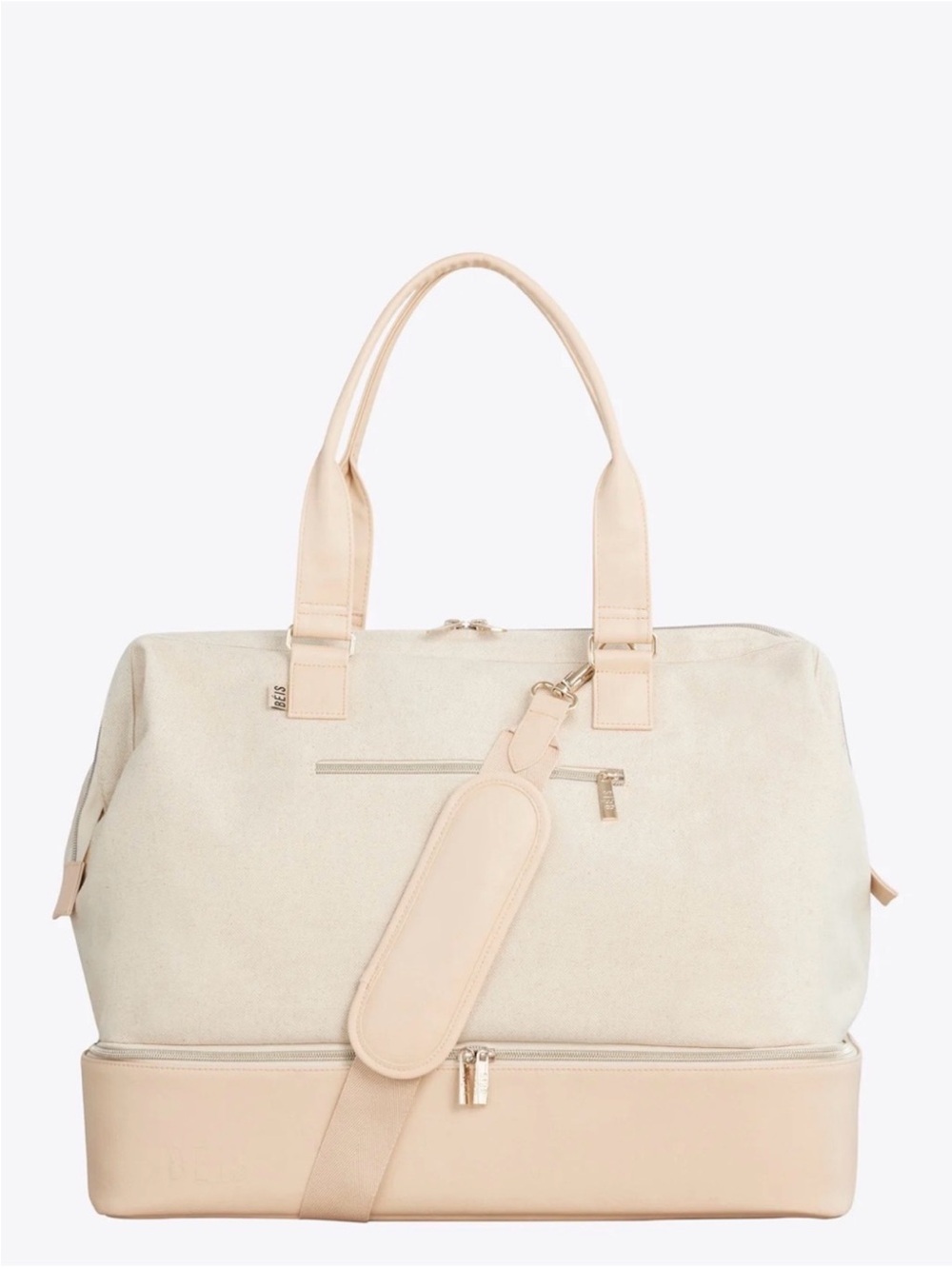 BEIS Cream Two-Tone Weekender
Bag with Detachable Strap